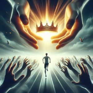 Hands reaching towards a glowing crown, symbolising running the race of faith to win the eternal prize. 