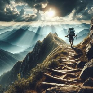 Hiker on a challenging mountain path, representing perseverance and letting go of burdens in the race of faith.