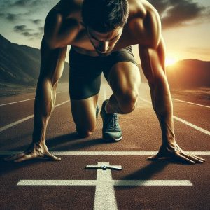 Runner at the starting line, focused and ready to sprint, symbolising the start of the race of faith.