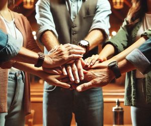 Church members holding hands in prayer, demonstrating unity.